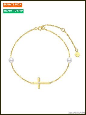 14k Gold Natural Diamond Freshwater Pearl Cross Bracelet